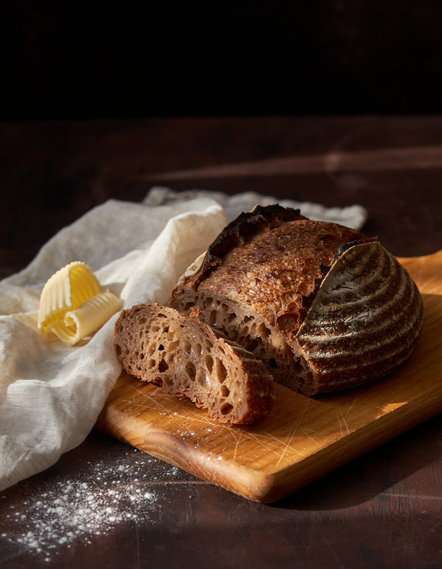 Illustrative sourdough loaf for this fictional bakery